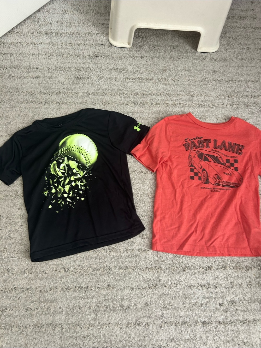 Under Armour Boys' Black Tee with Neon Green Baseball and  Fast lane car tee
